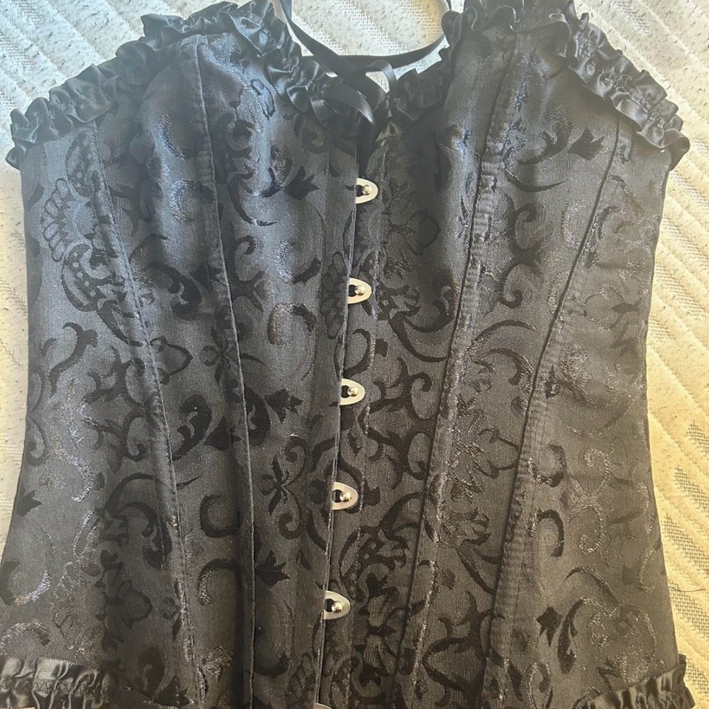 Black Brocade Ruffled Bustier Top